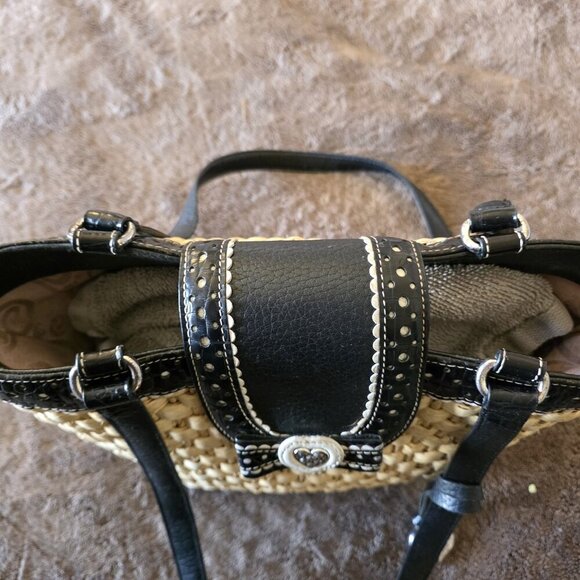 Brighton Straw & Black Leather Woven Tote Bag Heart Charm Polka Dot Trim Purse - Picture 7 of 16